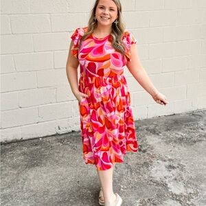Flutter-Sleeve Pink & Red Swirl Midi Dress